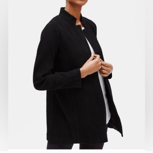 Eileen Fisher NWT Cotton Tencel Stretch Grid Long Jacket Black Waffle Knit  XL - Picture 1 of 8